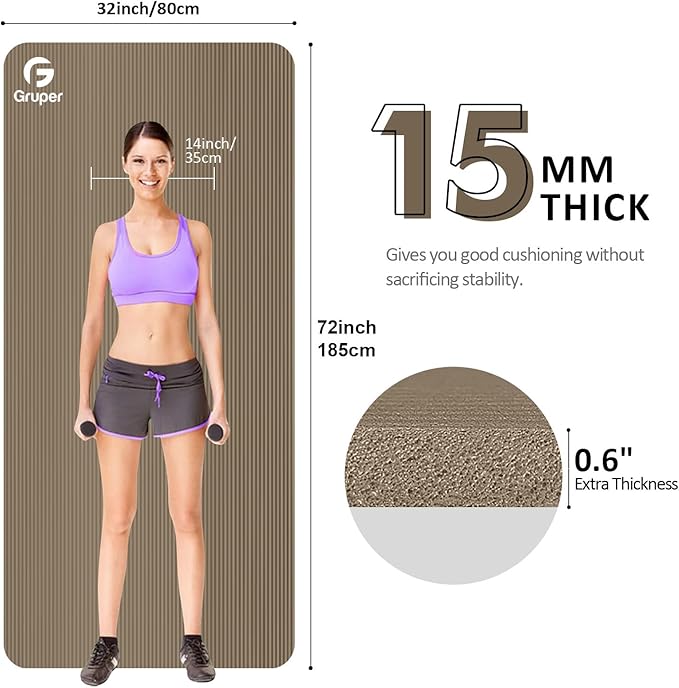 Gruper Yoga Mat Non Slip NBR Extra Thick Yoga Mat, 72"L x 32"/24"W x 0.6"/0.4"TH (185cm x 80cm/61cm x 15mm/10mm), Anti-Tear Exercise Mat with Carrying Strap and Bag, Workout Mats for Yoga, Pilates
