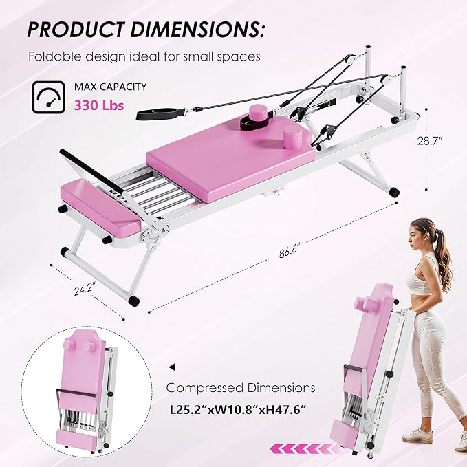 SogesHome Foldable Pilates Reformer Machine for Home Gym, Compact Fitness Reformer with Resistance Springs, Full Body Workout Equipment for Core Strength, Flexibility, Weight Loss, Stability