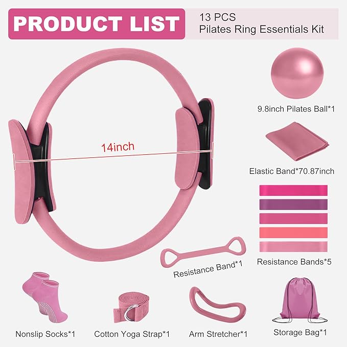 Home Pilates Kit for Women， Pilates Essentials Kit for Women，Pilates Equipment，14 Inch Fitness Circle, 9 Inch Yoga Ball 5 Resistance Bands for Beginners Home Workouts