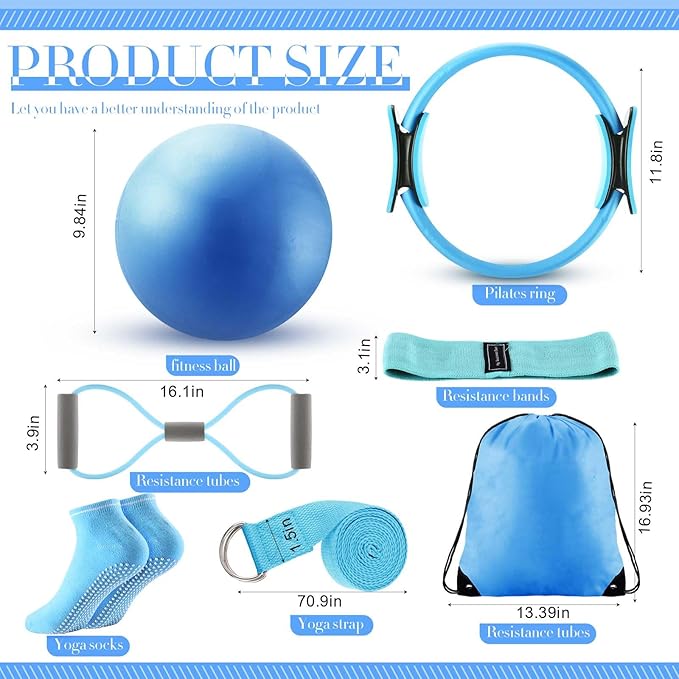 Poen Pilates Equipment Kit for Home Workout Pilates Ring and Ball Set for Women 12'' Circle Yoga Fitness Essentials Kit with Resistance Bands, Yoga Strap, Socks,Bag