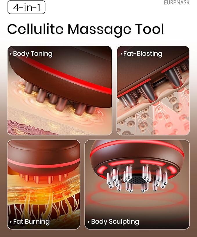 4-in-1 Lymphatic Drainage Massager & Anti Cellulite Massage Tool, Body Sculpting Massager for Legs, Arms & Belly, Reduce Cellulite, Stretch Marks with Heat, Light & Vibration, Mocha Brown