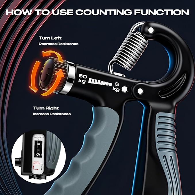 Grip Strength Trainer - Adjustable Resistance 11-132lbs/5-60kg Hand Gripper & Forearm Strengthener Device with Smart Counter for Sports & Rehab