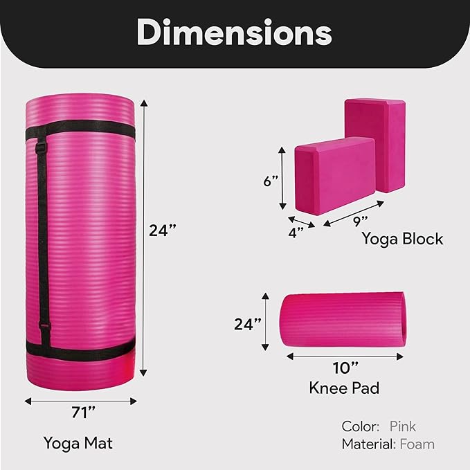 BalanceFrom 71x24 Inches Yoga Mat with Knee Pad and Optional Blocks – Extra 1-Inch Thick Non-Slip Foam with Anti-Tear Surface and Carrying Strap for Home, Studio, or Gym Workouts