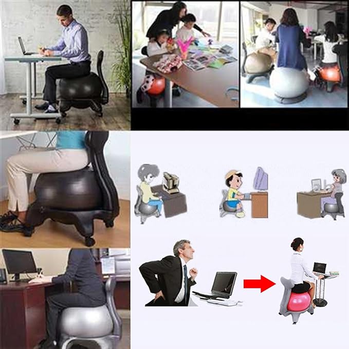 Exercise Ball Chair with Back Support, Black Office Home Yoga Ball Chair for Adults Disabled Pregnancy Balance Fitness Exercise, Ergonomic Anti-Burst Ball Rollling Stool