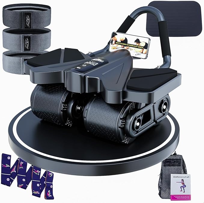 Ab Roller Home Gym Equipment – 4 Wheels Ab Wheel Muscle Roller with LCD Screen, Yoga Stretching Strap, 3 Resistance Bands – Comfortable Elbow Support with Non-Slip Handles – Time and Calorie Count