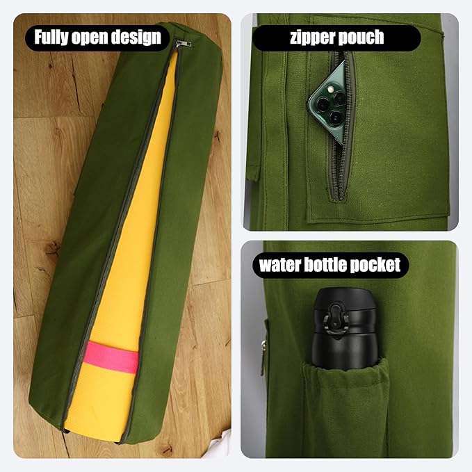 Cotton yoga mat bag with Pockets and Adjustable Strap - Full Zip Cargo Yoga Mat Carrier Bag - Bag for 1/4" 1/3" Thick Yoga Mat