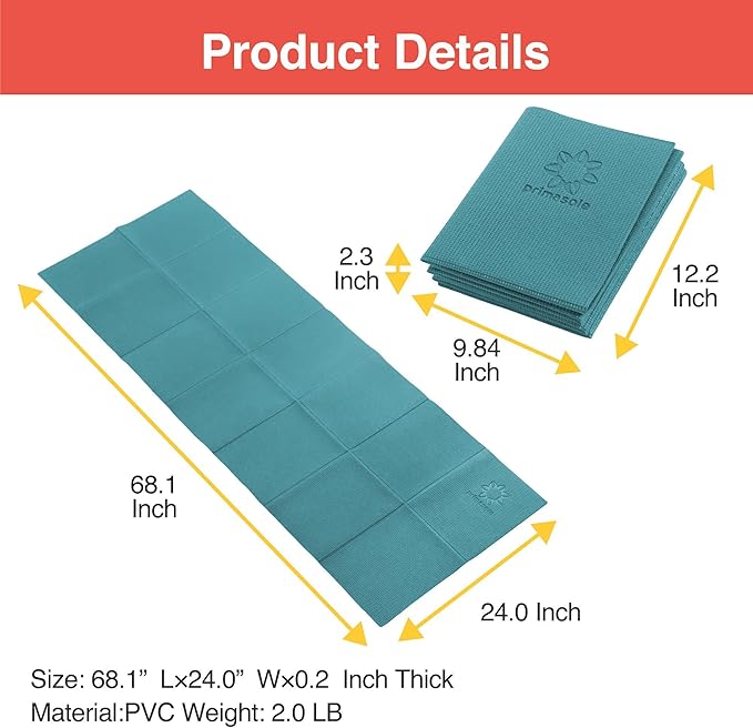 Primasole Folding Yoga Travel Pilates Mat Foldable Easy to Carry to Class Beach Park Tear resistant Travel Picnics 4mm Thick 9 Colors