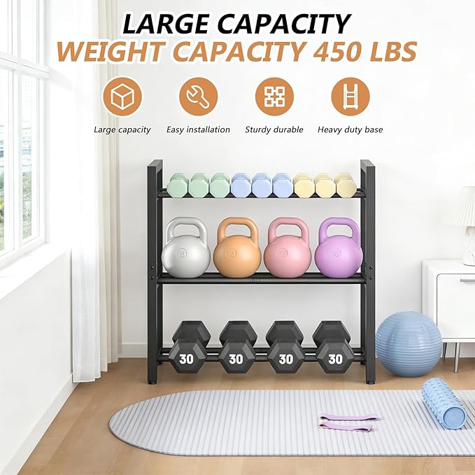Dumbbell Rack Stand Only, Weight Rack for Home Gym, Heavy-Duty Kettlebell Rack, 3 Tier Adjustable Weight Storage Racks, Space-Saving Home Gym Organizer