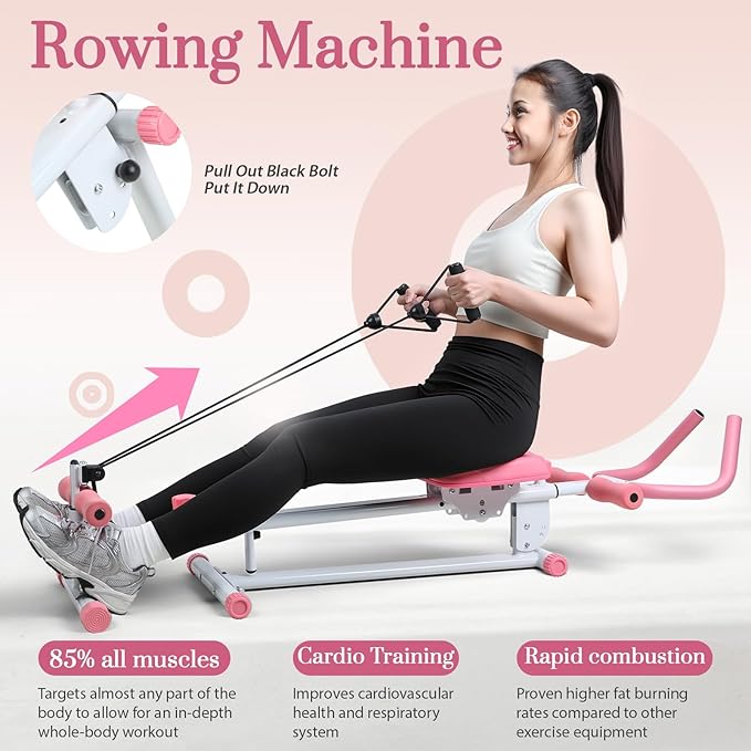 Rowing Machines for Home Gym, Multi-Functional Rower Machine Adjustable Handrail Ab Trainer Machine, Max Bearing 120kg, Folding AB Workout Machines, with Resistant Bands