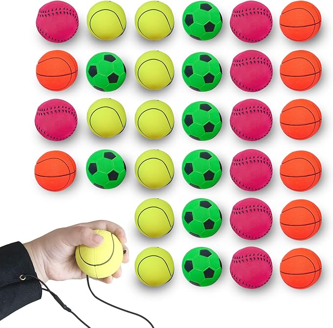 ZUYEE 4/8/16/32 Pack Wrist Return Ball 1.85 Inch Sports Wrist Balls On A String Rubber Rebound Balls (Basketball, Baseball, Soccer) Wristband Toy for Children Kids Gift Exercise or Play
