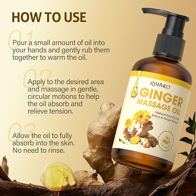Easter Gifts for Women Ginger Oil,Ginger Massage Oil with Arnica for Lymphatic Drainage, Belly Drainage & Sore Muscle Relief,Natural Body Oil for Skin, Warming Spa Massage & Relaxation Therapy