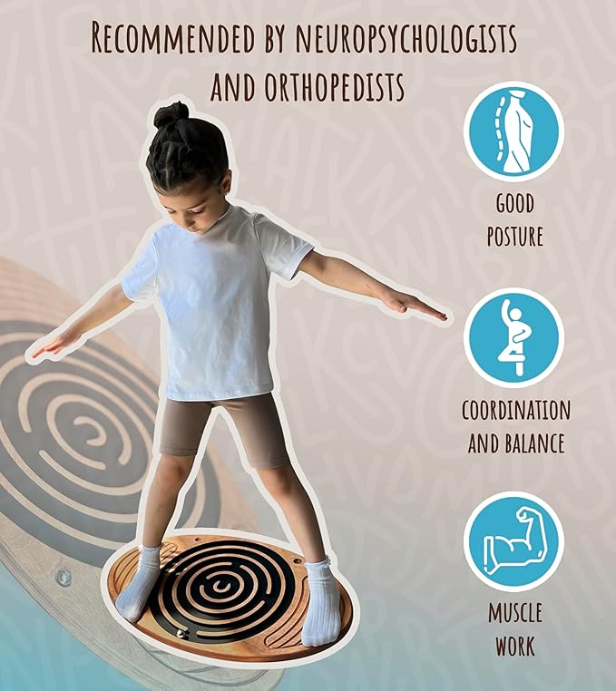 Wooden Balance Board Maze, Fun Fitness Tool for Kids and Adults, Wobble Balance Board, Natural Beech Wood Montessori Toy, Core Strength, Fitness, Training, Physical Therapy