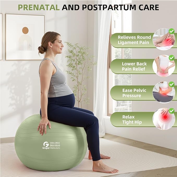 Gruper Yoga Ball, Extra Thick Non Slip Exercise Ball for Workout, Birthing, Balance, Stability, Pregnancy, 4 Sizes Anti Burst Chair for Home and Office, Includes Quick Pump & Fitness Guide