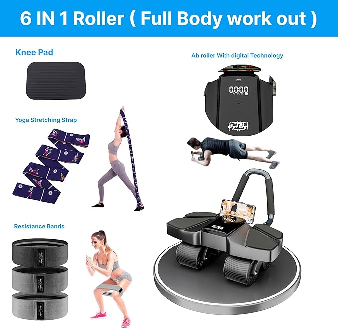 Ab Roller Home Gym Equipment – 4 Wheels Ab Wheel Muscle Roller with LCD Screen, Yoga Stretching Strap, 3 Resistance Bands – Comfortable Elbow Support with Non-Slip Handles – Time and Calorie Count