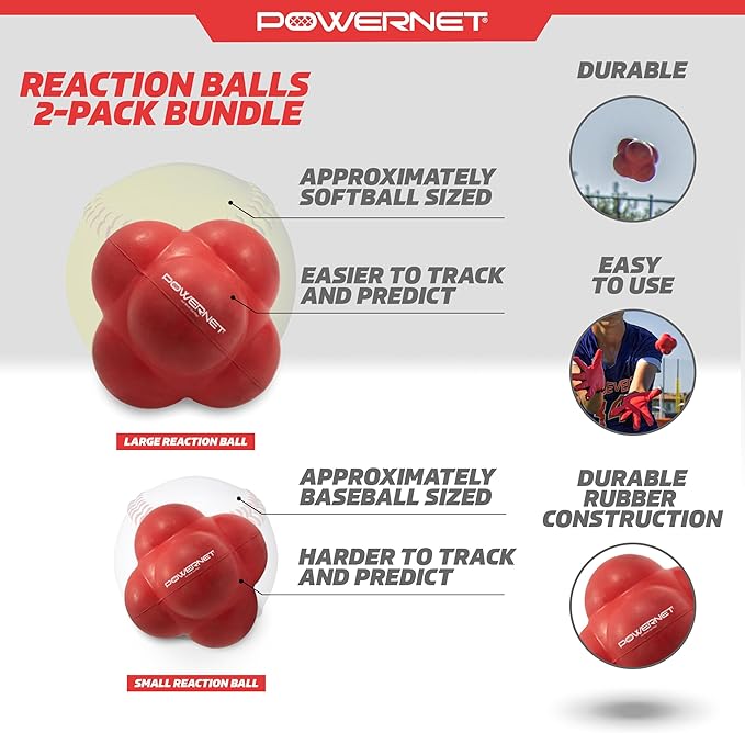 PowerNet Reaction Balls, Reflex & Agility Trainer, Hand-Eye Coordination Training, Reaction Speed Training Equipment, Baseball Softball Soccer and Boxing Reflex Ball Sports Equipment, 2 Sizes