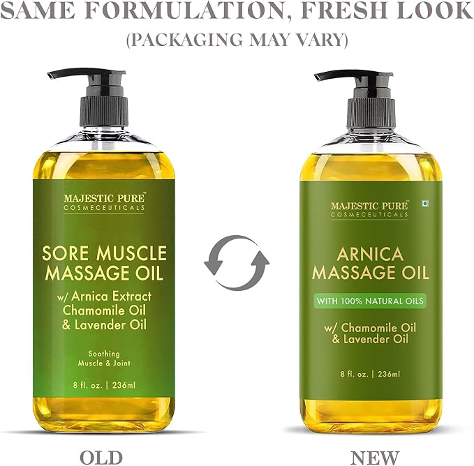 MAJESTIC PURE Arnica Sore Muscle Massage Oil for Massage Therapy - Refreshing and Relaxing - Natural Oils with Lavender & Chamomile Essential Oils - All Skin Types - Men & Women Massage Lotion-8 fl oz