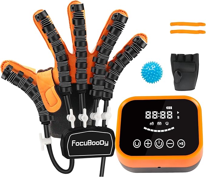Rehabilitation Robot Gloves Equipment for Stroke Recovery, Hand Strength Exercise, and Adaptive Training Hemiplegic Finger with USB Chargeable Orange (Size Large) Right Hand