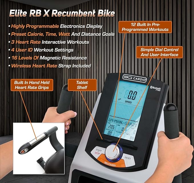 3G Cardio Elite RB X Recumbent Exercise Bike - FreeSync FTMS Bluetooth Smart App Connectivity - Compact 49" (L) - Oversized Soft 4-Way Adj. Seat - 350 lb Cap. - Low Step-Thru Design - Commercial Grade