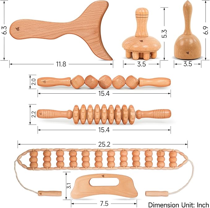 Wooden Massage Tool Set, 7-Piece Body Massage Kit for Home Use, Manual Included