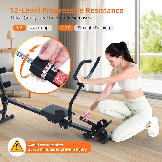 Sportneer Foldable Rowing Machine for Home, Hydraulic Rowing Machine with 12-Level Resistance - Multi Functional Row Machine Equipped with Caster & Backrest, Max 297lbs Weight Load