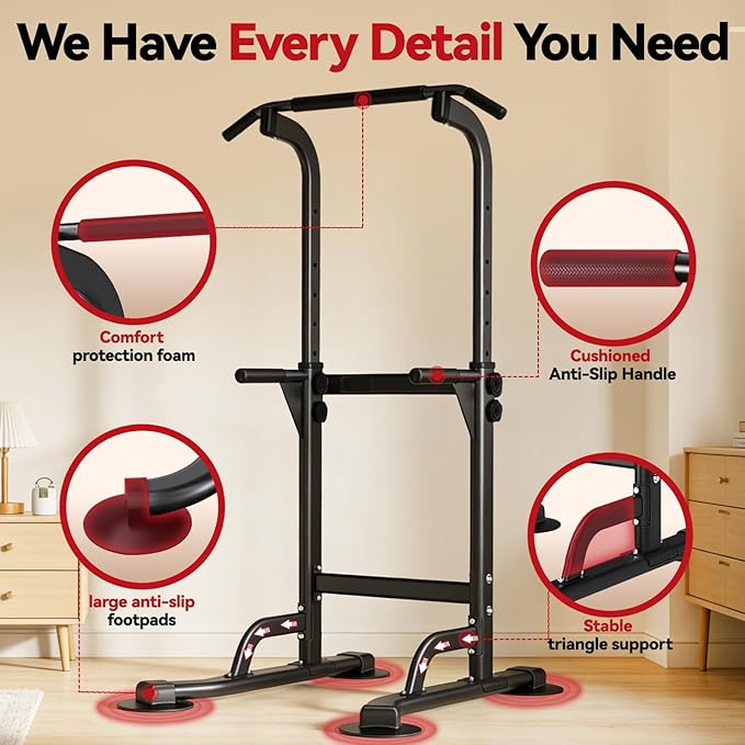 Power Tower Pull Up Dip Station Foldable, Pull Up Bar Station Adjustable, Multi-Function Home Gym, Strength Training Fitness Equipment, Triangular Design, for Home Outdoor