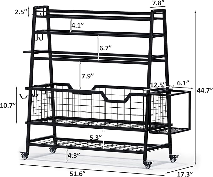 Dual-Sided Dumbbell Rack with Hooks & Wheels, Adjustable Home Gym Storage Rack for Dumbbells, Kettlebells, Balls, Yoga Mats, Ab Roller, Weight Rack Organizer for Workout Equipment