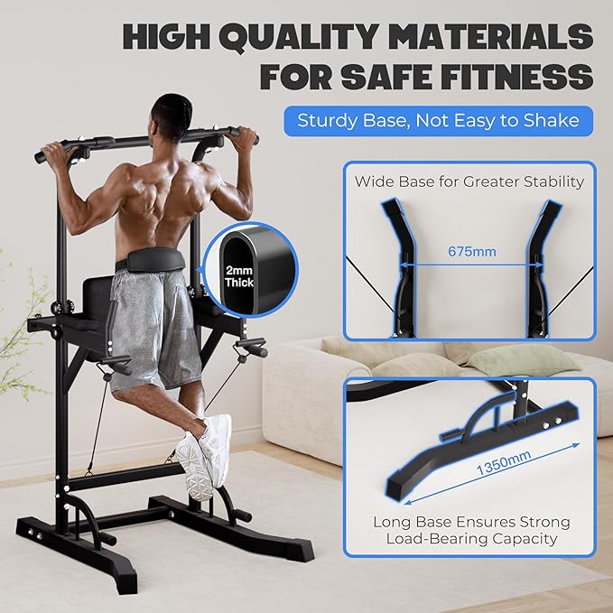 Power Tower Pull Up Dip Station, Heavy Duty Pull Up Station Dip Bar Station Multi-Function Home Gym Strength Training Fitness Equipment 500LBS