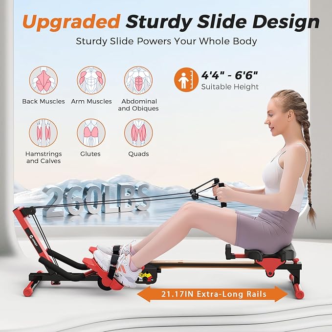 Ab Machine and Rowing Machine, 4 in 1 Rowing Machines for Home with 3 Levels of Workout Resistance, Quiet & Foldable Rower Machine with 3 Adjustable Handle Heights & LCD Monitor, Row Machine for Home