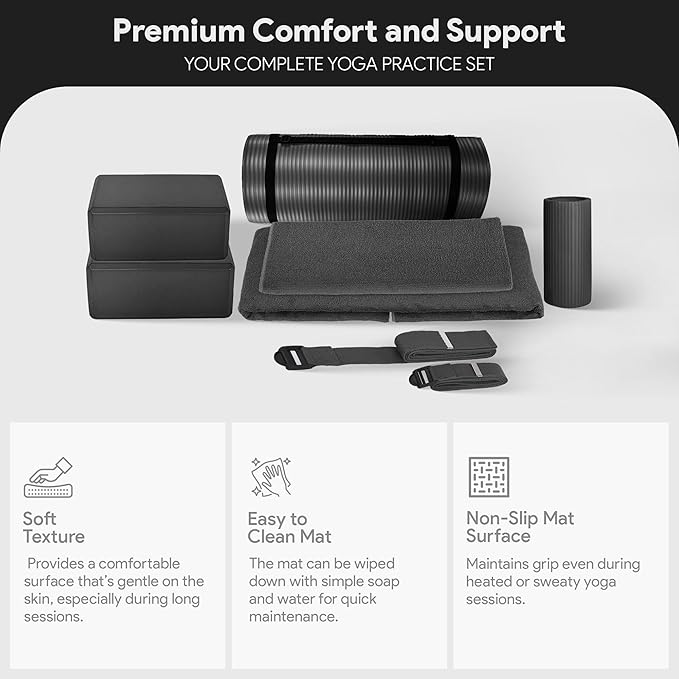BalanceFrom 7-Piece Yoga Set with 71x24x1 Inches Extra Thick Mat and Carrying Sling – Includes 2 Blocks, Stretch Strap, 2 Towels, and Knee Pad for Home, Studio, and Gym Workouts