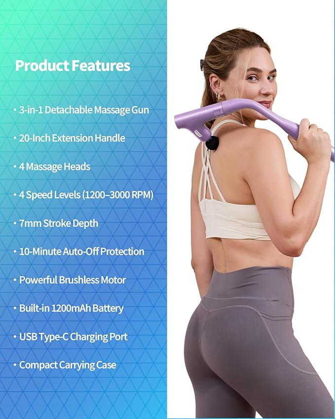 3-in-1 Detachable Massage Gun Deep Tissue, Ergonomic Extension Handle Back Massager for Pain Relief, Portable Percussion Muscle Massager for Shoulder, Thigh, Waist & Neck Purple
