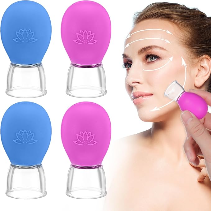 4Pcs Facial Cupping Therapy Set, Silicone Face Cupping Kit for Massage, Anti Cellulite Cup Massage Tool Vacuum Suction Cup for Eye Face Vacuum Massager (Blue, Rose Red)