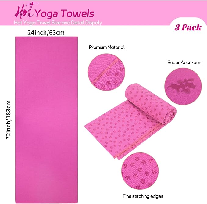 3 Pack Hot Yoga Towels with Plum Blossom Dots, Hot Pink Non-Slip Yoga Mat Towel, Super-Absorbent Soft Suede Microfiber Towel for Hot Yoga, Pilates, Bikram and Exercise Workout(24" x72",Hot Pink)