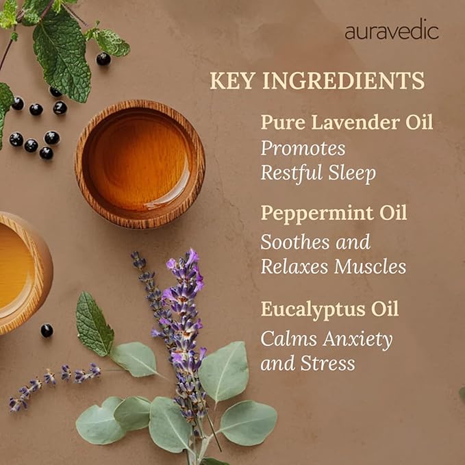 Auravedic Relaxing Body Massage Oil | Infused with Lavender, Eucalyptus & Mint | Non Greasy Body Oil for Massage Therapy, Aromatherapy, Sore Muscles & Date Night | 6.76 Fl Oz (200ml)