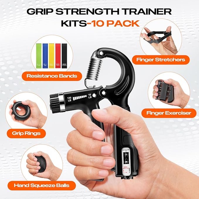 Grip Strength Trainer Kit (10-Pack): Adjustable Hand Gripper & Forearm Strengthener with Finger Stretcher, Ring, Stress Ball & 5 Bands for Muscle & Recovery.