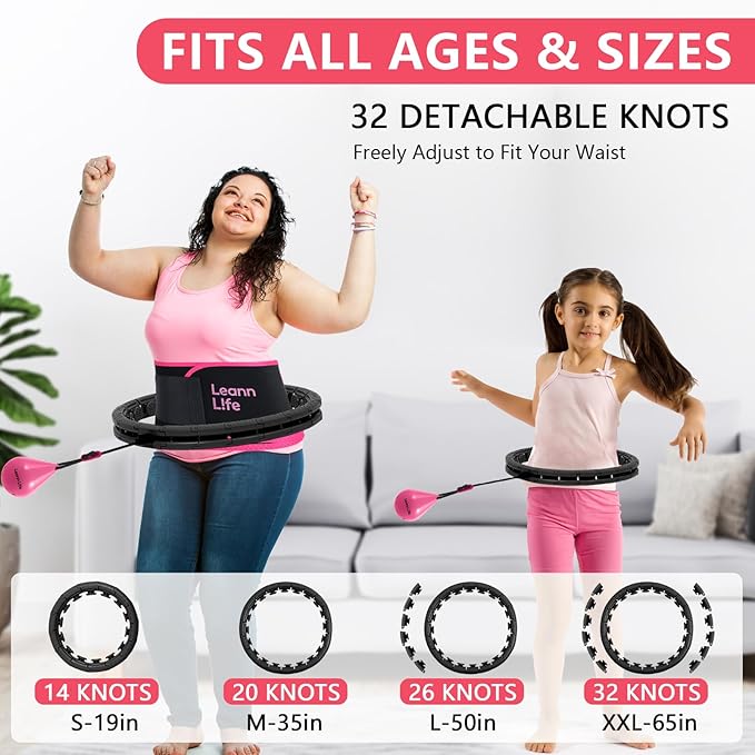U2 Black-32 Knots 19”- 65”, Detachable & Size Adjustable Weighted Hula Hoop for Kids Adults Weight Loss, Infinity Hoop Plus Size, Abdominal Toner,5 Color Balls, Free Waist Trimmer&Wash Bag