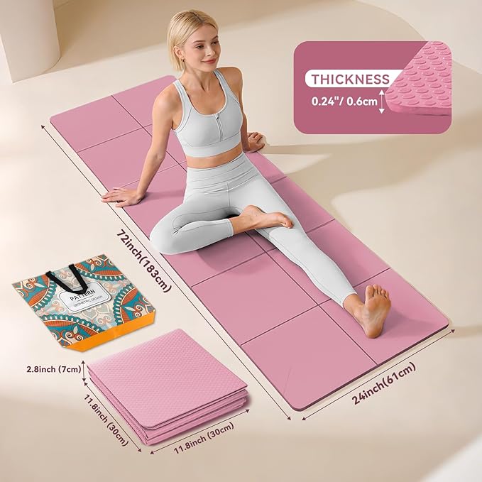 Foldable Travel Yoga Mat 72"x24"x0.24", Lightweight Non Slip Exercise Mat, Portable Folding Workout Mat for Yoga, Pilates, Stretching, Home Gym, Outdoor Fitness & Travel