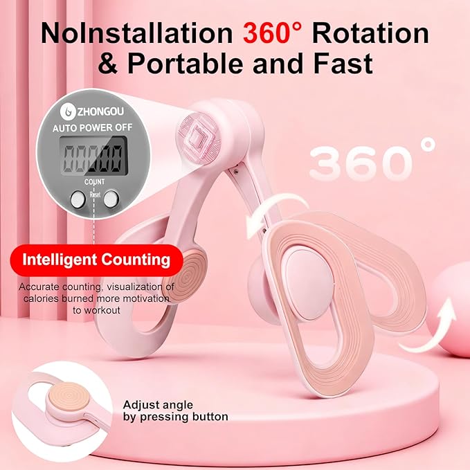 Thigh Trainer, 360°Adjustable Pelvic Floor Exercise Device with Auto-Counter Display, Inner Thigh Exerciser with 25-35 LB Resistance Band for Women, Home Fitness Equipment for Arm, Hip, Leg