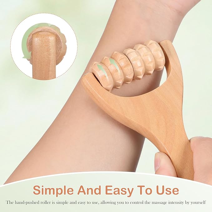 Ciieeo 2Pcs Wooden Massage Roller Set - Handheld Wood Massage Tools for Neck Back Leg Foot Manual Cellulite Massager Muscle Relief (3 Bead Gear Roller)