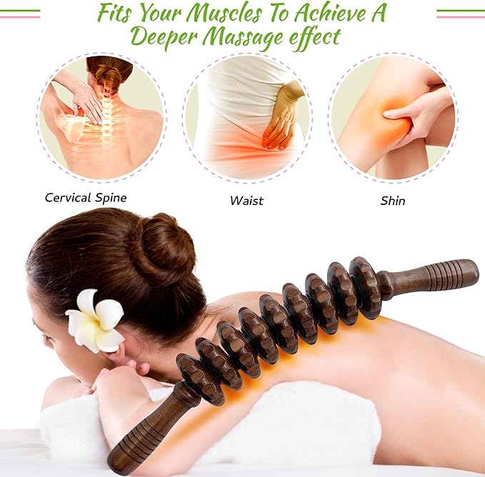 Wooden Curved Manual Massage Stick, 9 Roller Handheld Trigger Point Massager for Fascia, Cellulite, Muscle & Abdomen, Body Therapy Massager, Belly Relief Tool (Brown)