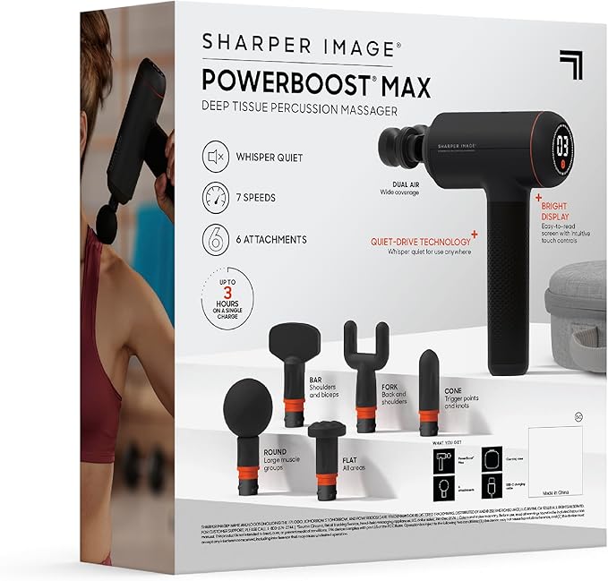 Sharper Image Deep Tissue Percussion Massage Gun, Powerboost MAX Rechargeable Handheld Massager, 7 Adjustable Speeds, 6 Attachment Heads & Carrying Case, Full Body Muscle Pain Relief, Black