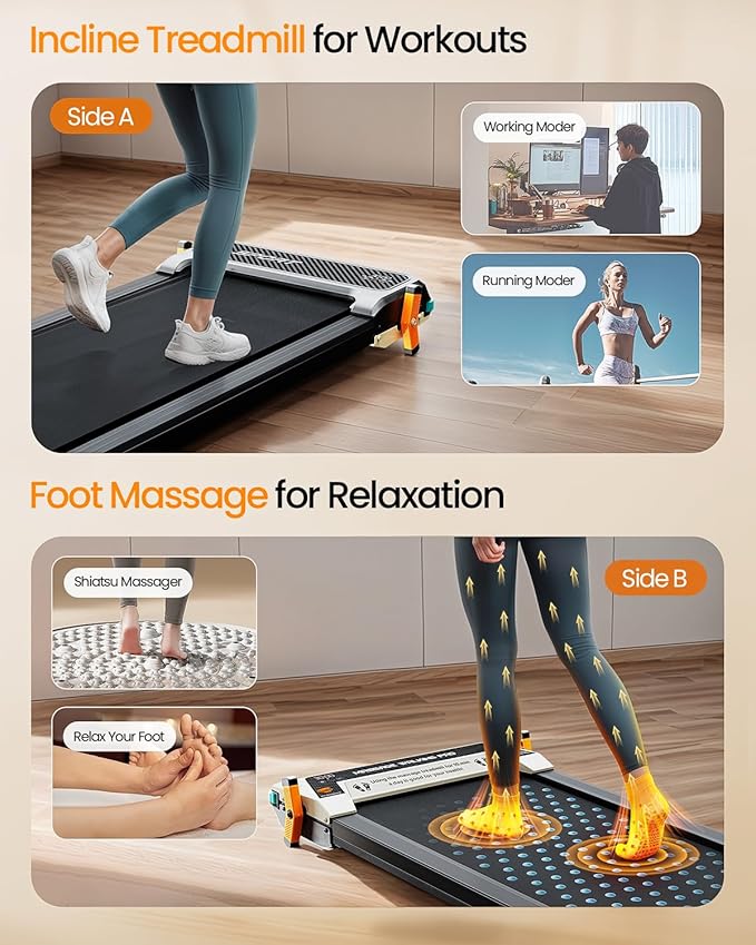 AKLUER Walking Pad with Incline - Dual-Sided 2 in 1 Under Desk Treadmill with Shiatsu Foot Massager, 330LBs Walking Pad Treadmills for Home and Office, LED Display and Remote Control