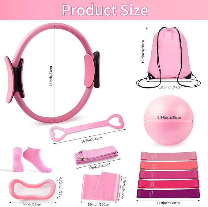 Home Pilates Essentials Kit for Women，Pilates Ring and Ball Magic Circle Booty Bands 8 Resistance Band Toning Fitness Essentials Starter Set Accessories(Pink)