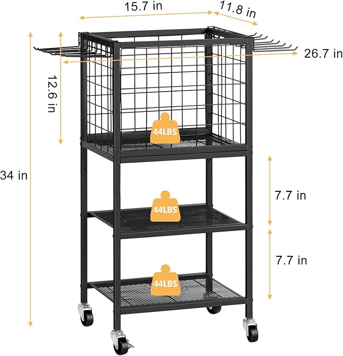 ETELI Yoga Mat Storage Rack Home Gym Workout Equipment Storage Cart with Hooks Wheels Small Metal Weight Rack for Dumbbells, Kettlebells, Foam Rollers, Resistance Bands, Yoga Block