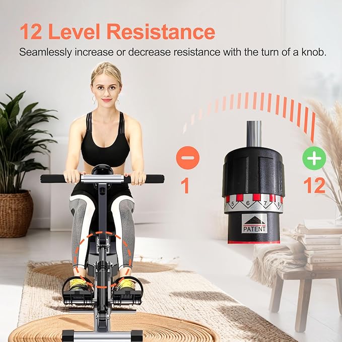 Home Folding Rowing Machine,Hydraulic Rowing Machine,Dual Tracks for Quieter,300LBS Weight Capacity with 12 Levels of Adjustable Resistance,LCD Display for Real-time Recording for Indoor Fitness