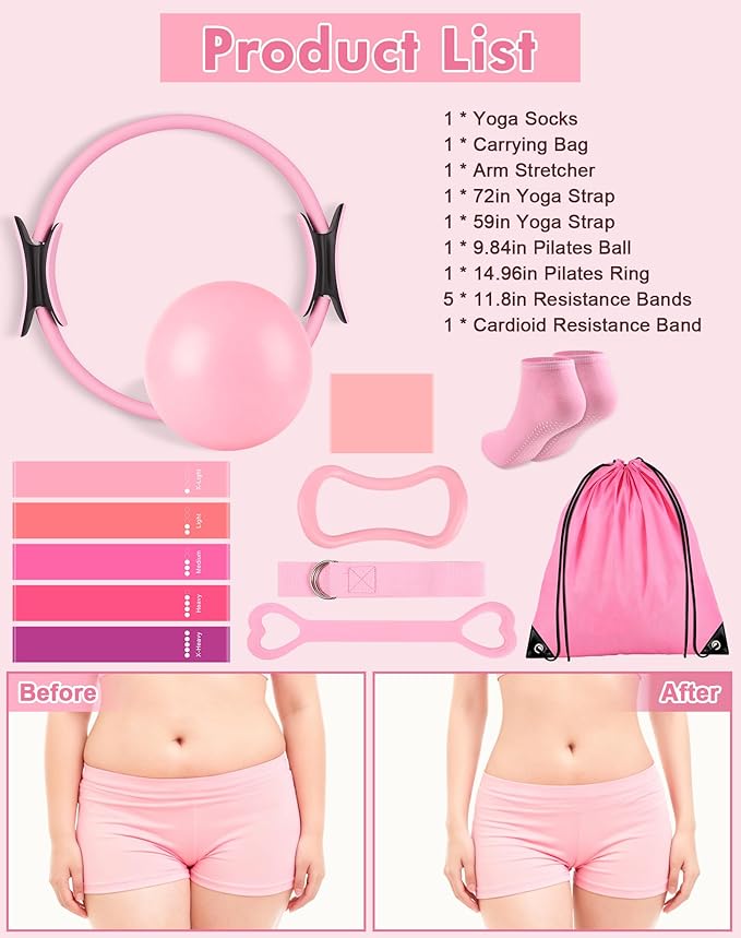 13/15Pcs Pilates Kit for Women, Pilates Equipment for Home Workouts with Magic Circle, Ball, Resistance Bands, Pilates Starter Set for Strength, Toning and Flexibility