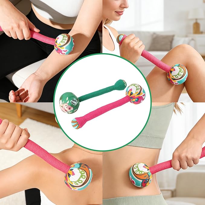 2PCS Long Wormwood Lymphatic Drainage Hammer, Manual Body Massage Hammer, Anti Slip Longer Handheld Herbal Massage Hammer for Back Muscle Relaxation (Rose Red/Dark Green)