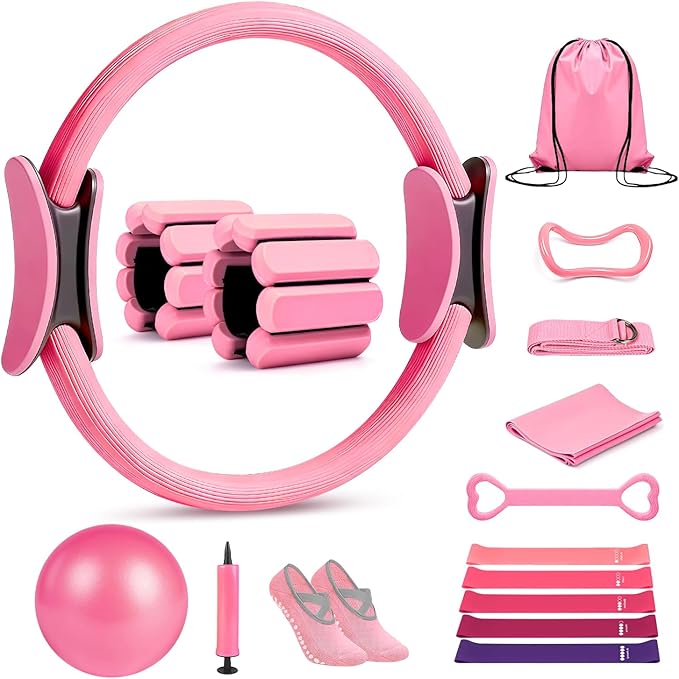 Pilates Ring Set 15 PCS, Home Pilates Essentials Kit for Women, 12" Pilates Ring and 9" Ball Set, Pilates Kit with Ankle Weights 2LB, Resistance Bands, for Toning & Better Me Gifts