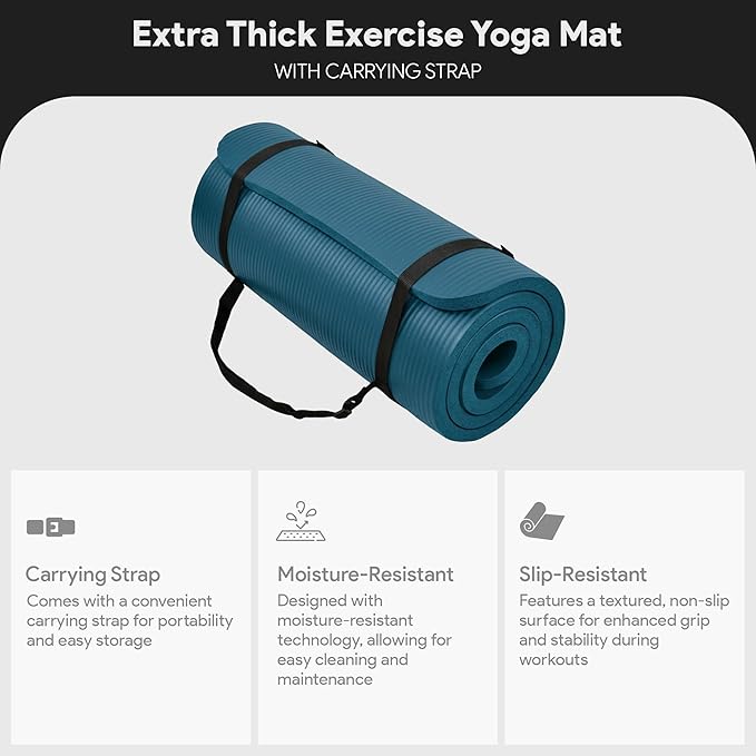 BalanceFrom 71x24 Inches Extra Thick Yoga Mat 1-Inch High-Density Foam – Roll-Up Exercise Pad with Double-Sided Non-Slip Surface and Carrying Strap for Pilates and Home Workouts, Multiple Colors