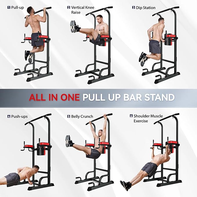 Pooboo Power Tower Dip Station Pull Up Bar for Fitness Home Gym Workout,Multi-Function Adjustable Height Fitness Strength Training Exercise Equipment (Black)
