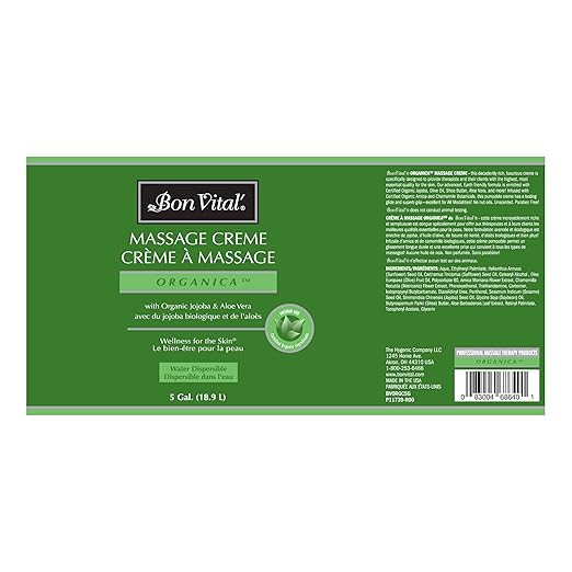 Bon Vital' Organica Organic Massage Creme, 5 Gallon, Organic Jojoba Oil, Non-Greasy, Hypoallergenic, Cream For Sensitive Skin, Massage Therapy & Muscle Relaxation, Spa Quality